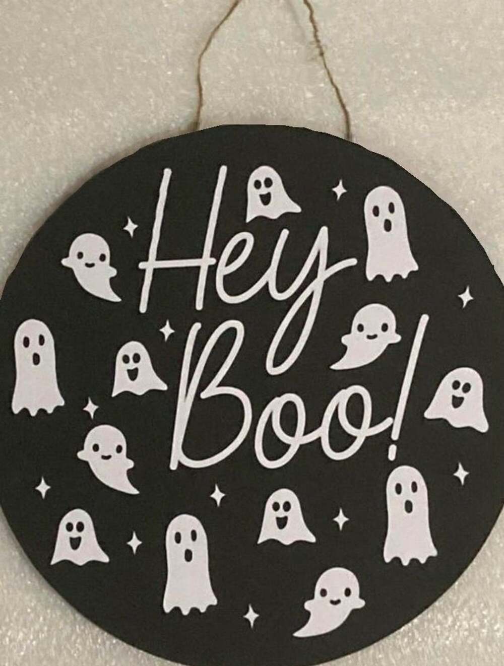 Creations By Loren | Hey Boo Halloween Door Hanger | 12”x12” Black